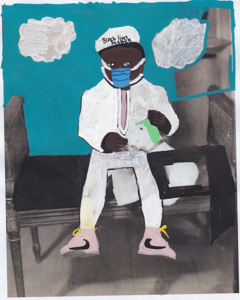 Kindertekening van wetenschapper met mondmasker
