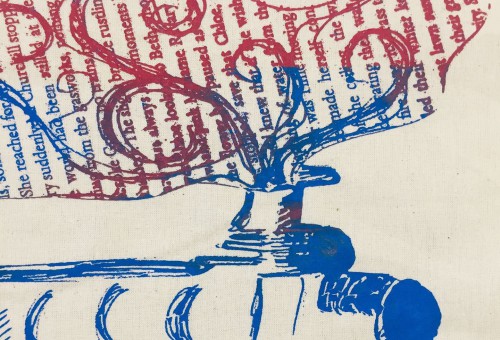 Sérigraphie à l'encre rouge et bleue d'un locomotive à vapeur